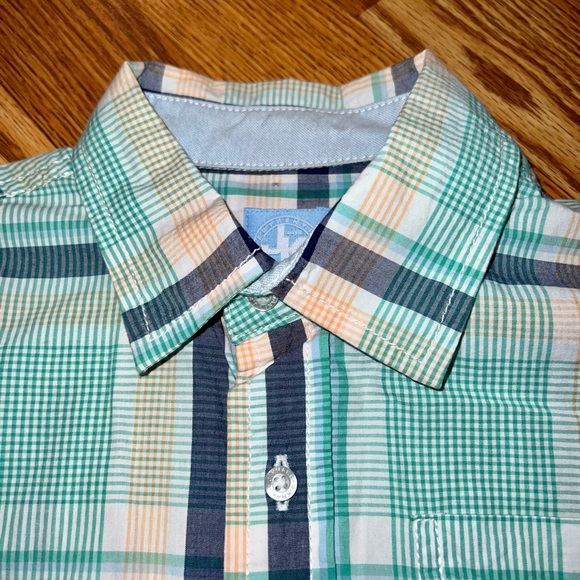 JK boys size 7 modern plaid button up shirt. colors:  turquoise, orange & navy - Picture 5 of 6